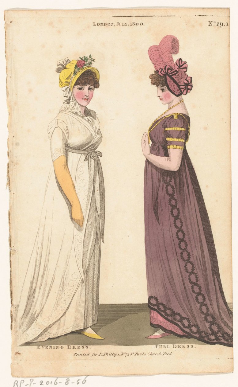 A londoni és párizsi női divat magazinja, 29.1. szám: London, július. 1800: estélyi ruha; Teljes ruha alkotó: Richard Phillips