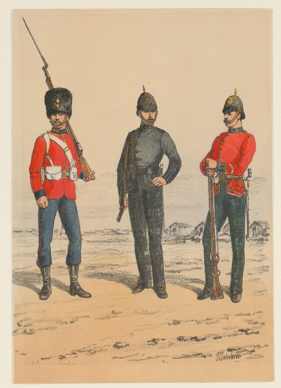 Három brit katona Brit katonai egyenruhák kilenc ábrázolása (sorozat címe) alkotó: Richard Simkin