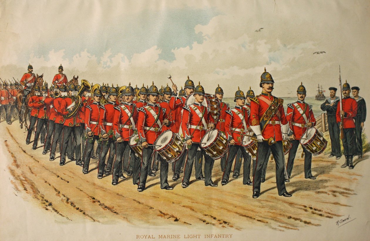 A Királyi Tengerészgyalogság Könnyű Gyalogsági Bandája a menetelő férfiak oszlopát vezeti, 1895 alkotó: Richard Simkin
