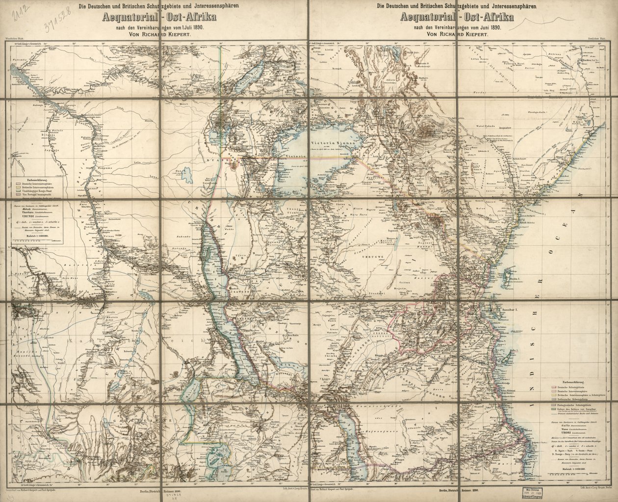 A német és brit protektorátusok és érdekszférák Kelet-Afrikában egyenlítői területen: az 1890. júniusi megállapodások értelmében alkotó: Richard; Sprigade Kiepert
