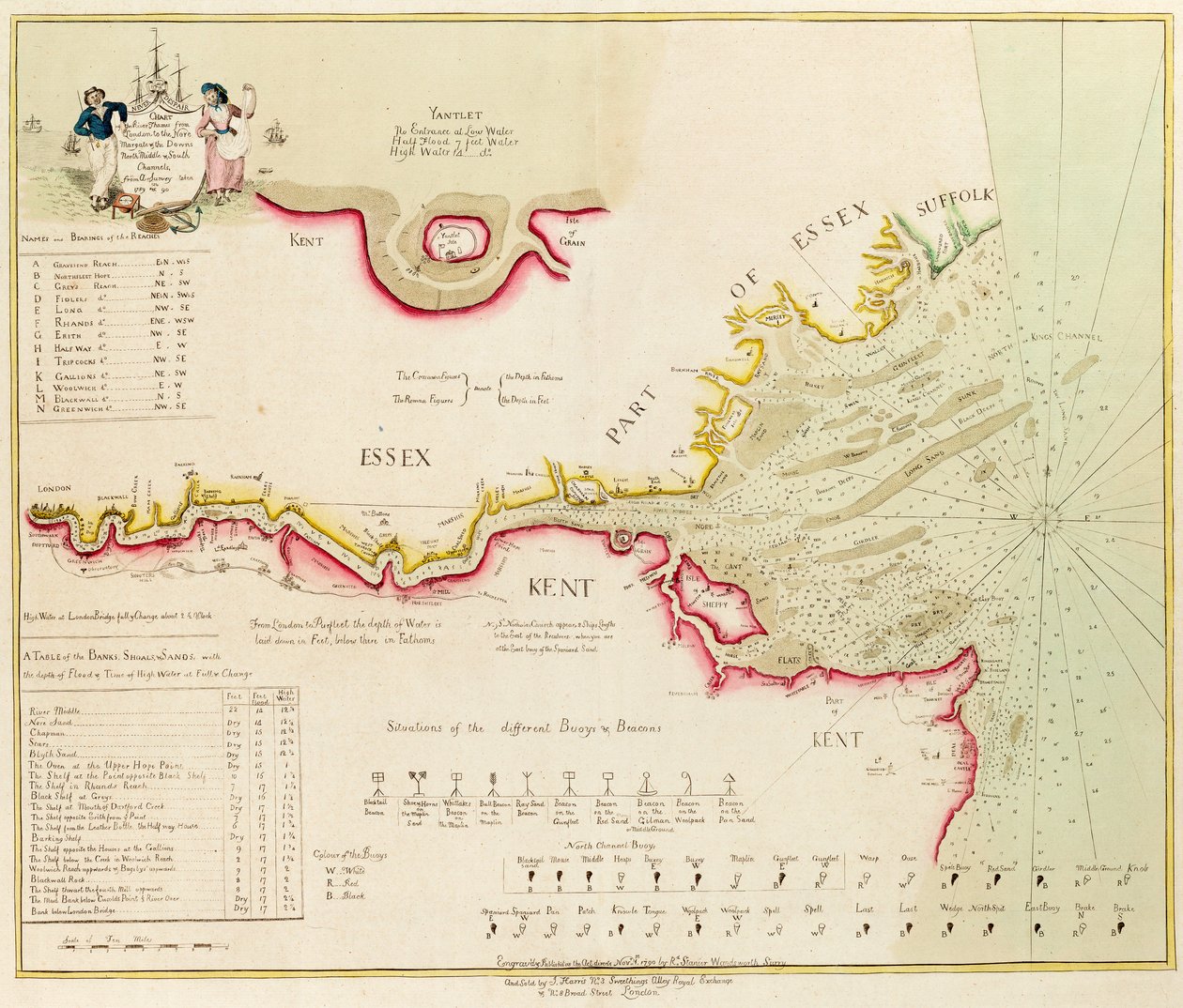 A Temze folyó térképe Londontól a Nore-ig, Margate-ig és a Downs-ig, az északi, a középső és a déli csatornákig, 1789-ben és 90-ben készült felmérésből. alkotó: Richard Stanier