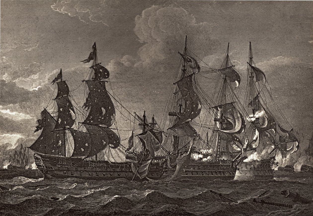 HMS kapitány a San Nicholas és a San Josef fedélzetén, illusztrációja Robert Southey (1774-1843) „The Life of Nelson” című könyvéből, először 1813-ban jelent meg alkotó: Richard Westall