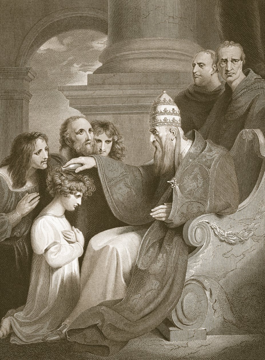 Alfréd herceg III. Leó pápa előtt, metszet J. Stow-tól, illusztráció David Hume "The History of England" című művéből, kiadta R. Bowyer, London, 1812. alkotó: Richard Westall