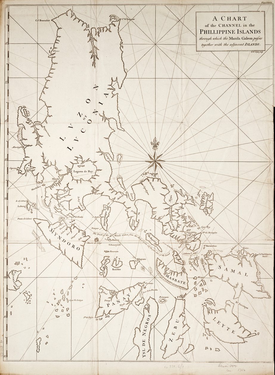 A Fülöp-szigeteken lévő csatorna térképe, amelyen a Manila Galeon áthalad a szomszédos szigetekkel együtt. alkotó: Richard William Seale