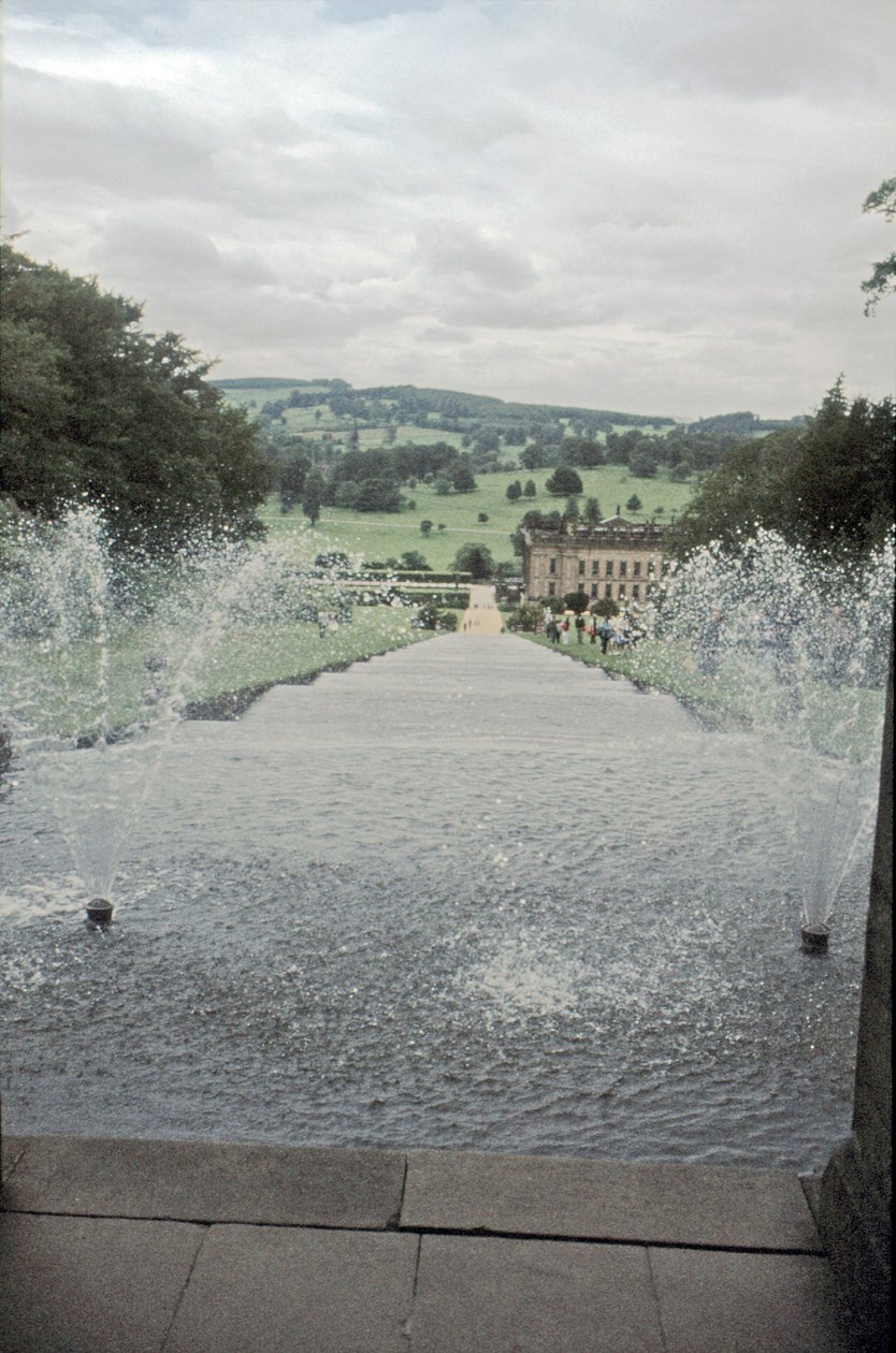 Chatsworth-ház a Cascade tetejéről, Derbyshire, 1980-as évek alkotó: Richard Williams