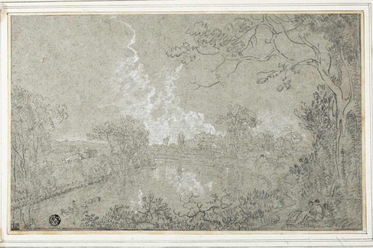 A Dee folyó partja Eaton Hall közelében, Cheshire, 1759 körül (fekete-fehér kréta kék fektetett papíron, kártyára fektetve) alkotó: Richard Wilson