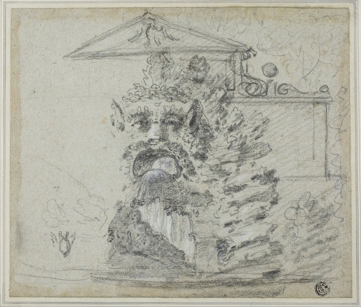 „Il Mascherone”, Rocaille-kút a Villa Borghese földjén, 1754 körül (fekete kréta, fehér krétával és grafittal kiemelve, kék fektetett papíron, kártyára fektetve) alkotó: Richard Wilson