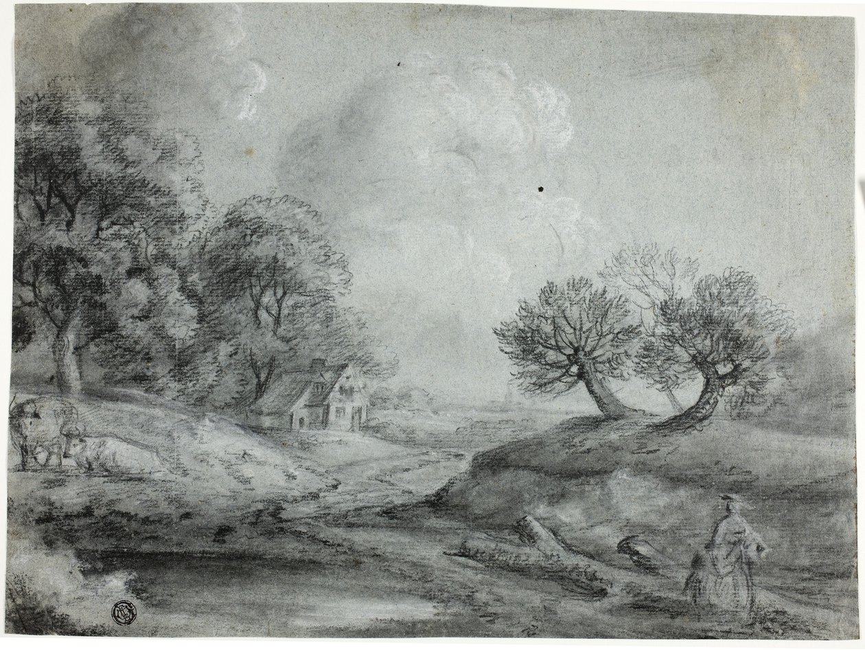 Táj nővel és tehenekkel (fekete kréta domborulattal, fehér krétával kiemelve, kék fektetett papíron) alkotó: Richard Wilson