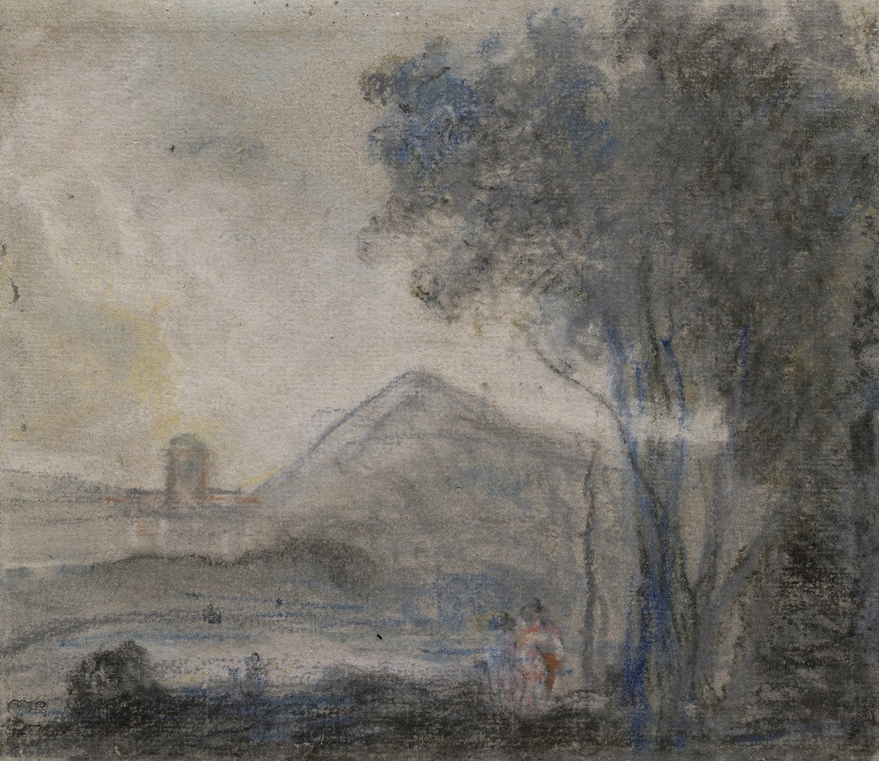 Tanulmány „Cicero és barátai” számára (fekete, fehér és élénk színű kréták szürkés papíron) alkotó: Richard Wilson