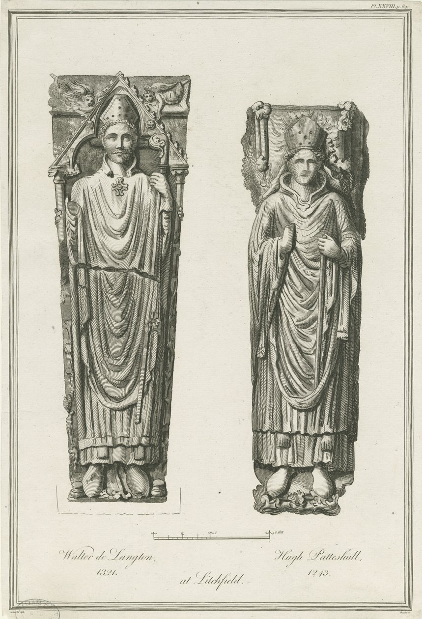 Lichfield katedrális – Walter de Langton és Hugh de Patteshull képmásai: metszet, nd [1748-1817] (nyomtatás) alkotó: Richard Woollett Basire