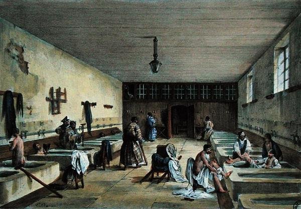 A tisztek fürdője a Bourbonne les Bains-i katonai kórházban, 19. század közepe (színes metszet) alkotó: Richoux (after)