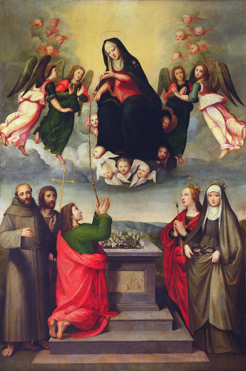 A Szent Öv Szűza SS-szel. Tamás, Ferenc, Keresztelő János, Ursula és Magyarországi Erzsébet alkotó: Ridolfo , Il Ghirlandaio