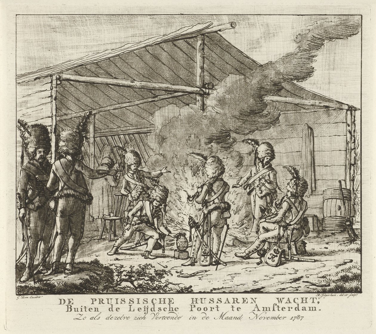 A porosz huszárok az amszterdami Leidse Poortban várakoznak, 1787 A porosz huszárok várnak, Amszterdam Leijdsche Poortján kívül (...) (cím a tárgyon) alkotó: Rienk Jelgerhuis