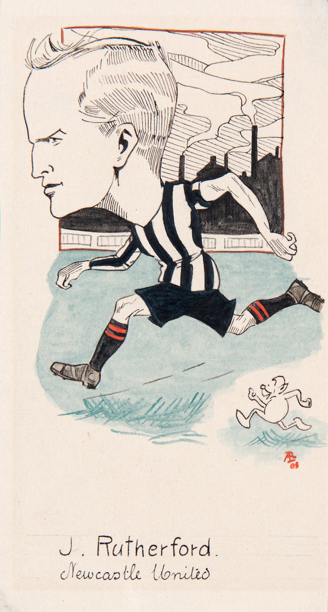 Jock Rutherford, Newcastle United, rajz egy cigarettakártya-készlethez, 1907 (toll és tinta, kártya) alkotó: Rip