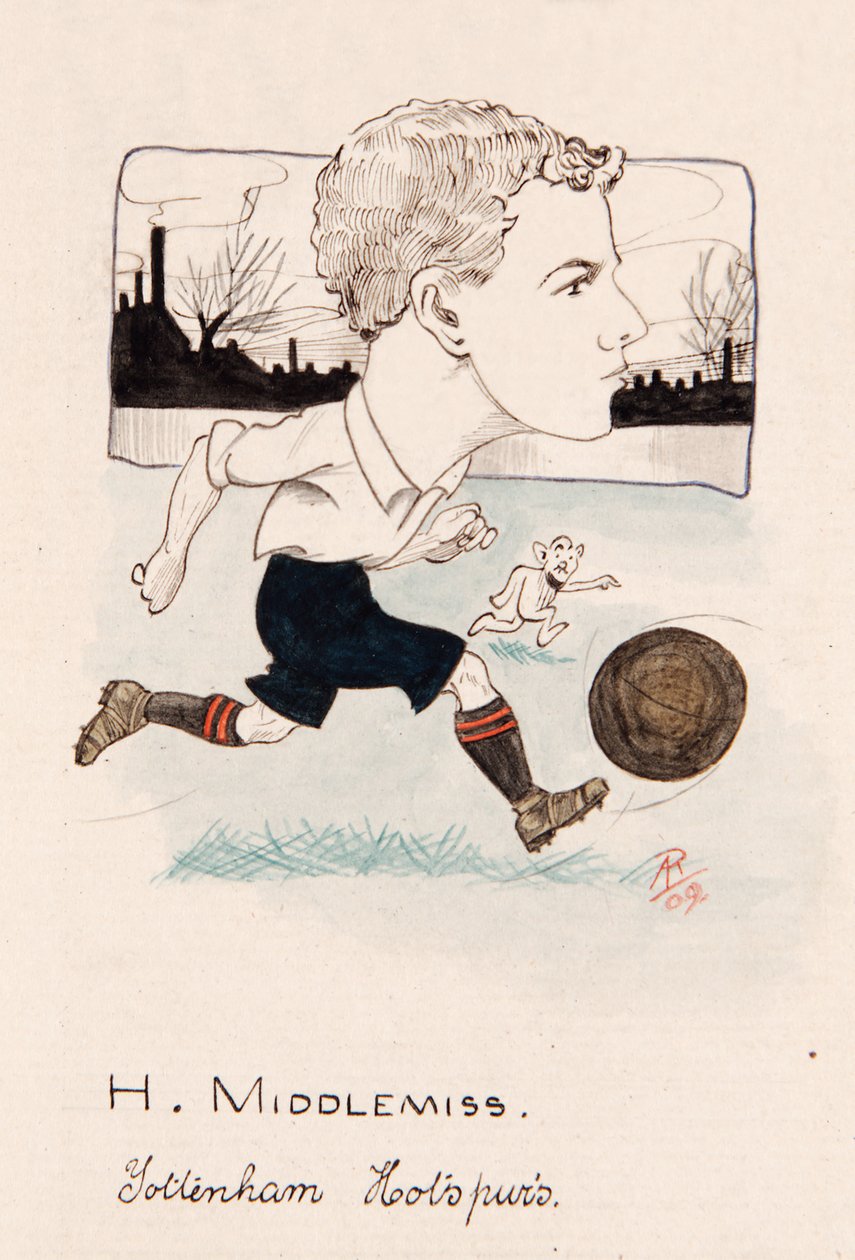 Bert Middlemiss, Tottenham Hotspur, rajz cigarettakártya-készlethez, 1907 (toll és tinta a kártyán) alkotó: Rip