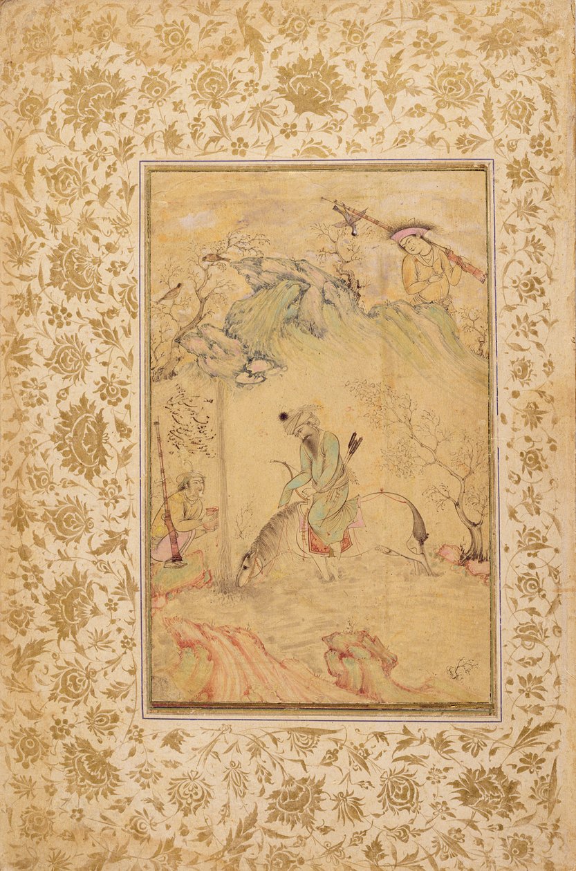 Hunters in a Landscape, 1615 körül (tinta, wc és arany papíron) alkotó: Riza i Abbasi