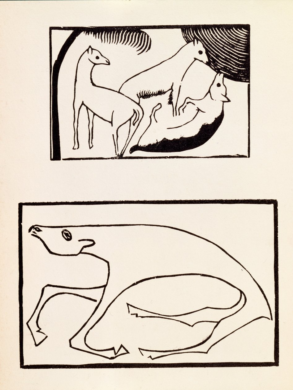 The Animals, illusztráció egy kötetből, amely hét művész fametszeteit tartalmazza, kiadó: Omega Workshops Ltd, London, 1918 fametszet alkotó: Roald Kristian