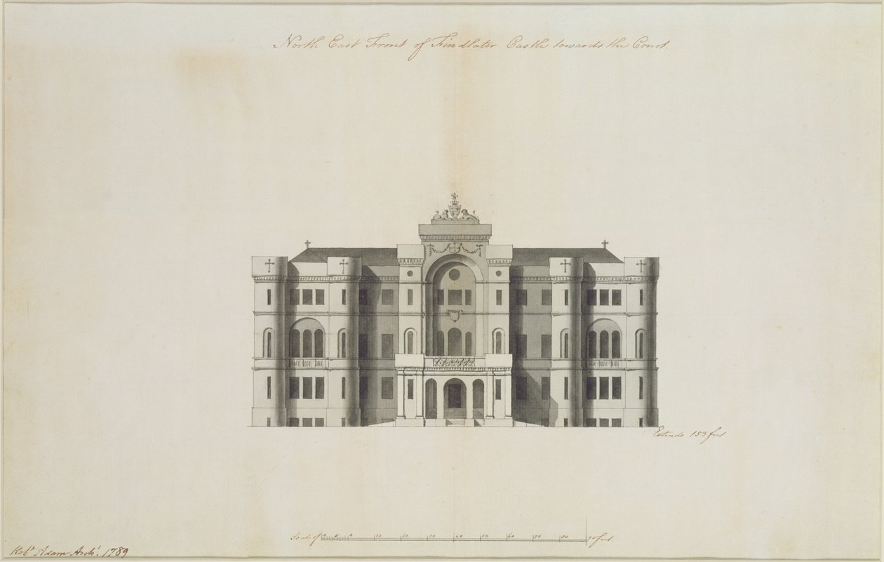Egy kivitelezetlen terv Findlater kastély északkeleti frontjához, Seafield grófja számára, 1789 (tinta és mosás papíron) (lásd még: 273035) alkotó: Robert Adam