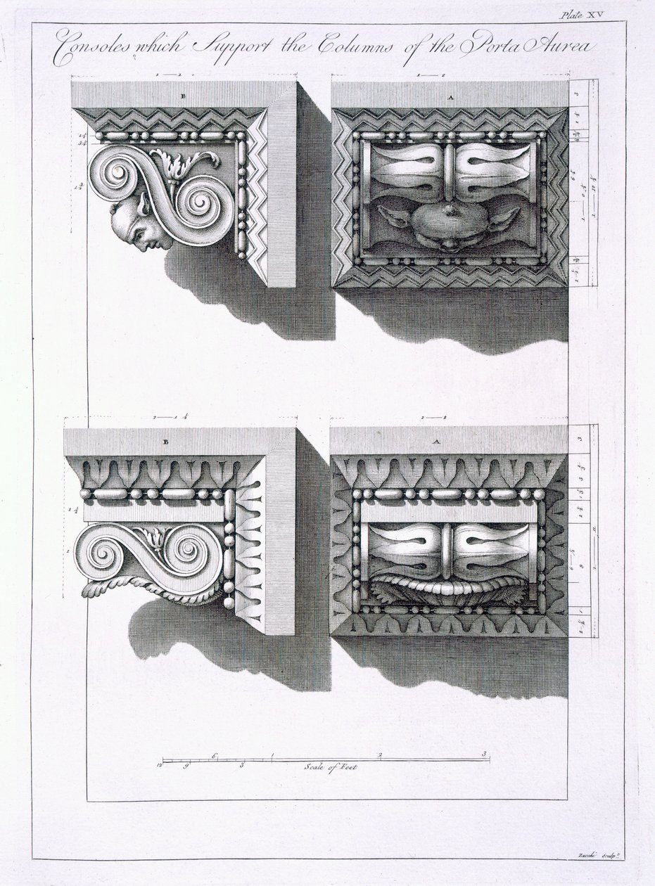 A Porta Aurea oszlopait tartó konzolok, a "Diocletianus császár palotájának romjai a dalmátországi Spalatróban" című, 1764-ben megjelent kötetből. alkotó: Robert Adam