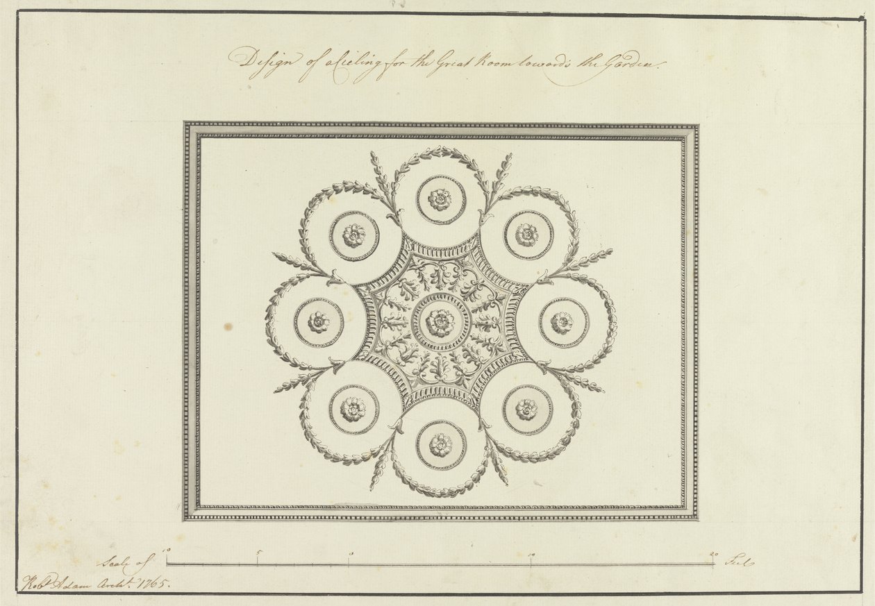 Tervezés a Great Room mennyezetére, Langford House, 1765 (toll, fekete-barna tinta szürke mosással a papíron) alkotó: Robert Adam