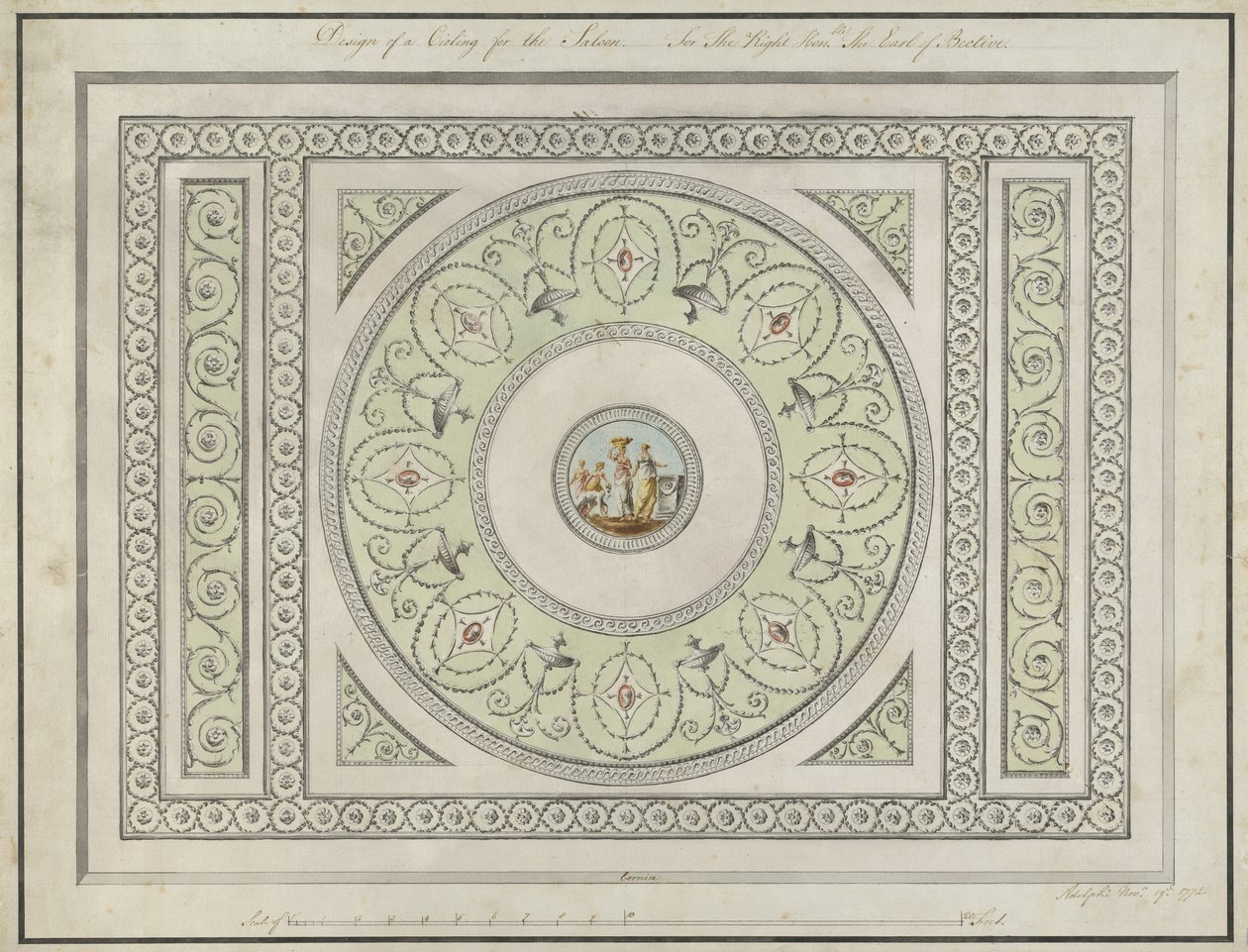 Tervezés a szalon mennyezetére, Headfort House, 1772 (toll, fekete-barna tinta és WC fektetett papíron) alkotó: Robert Adam