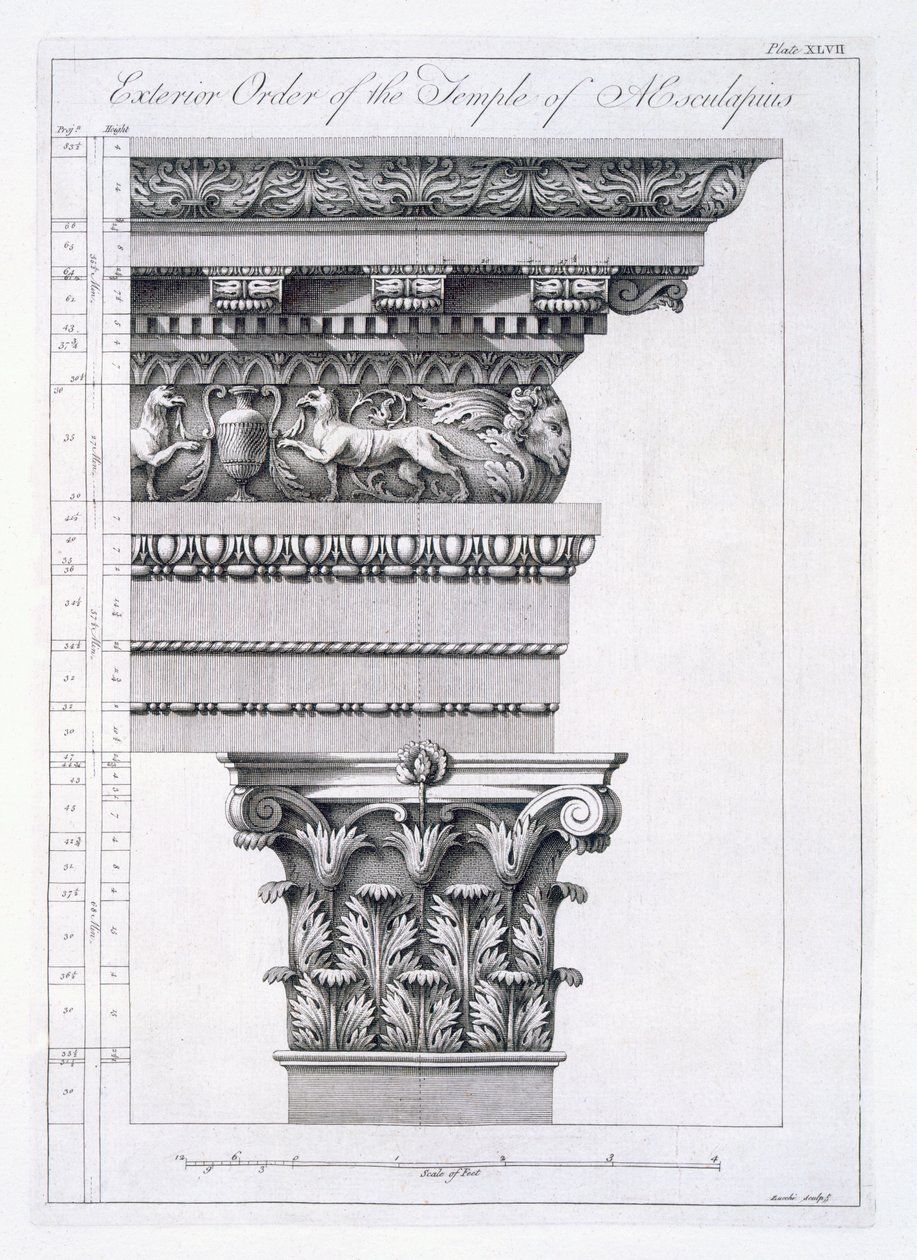 Az Aesculapius-templom külső rendje, XLVII. tábla a „Diocletianus császár palotájának romjai a dalmáciai spalatrói palotából”, 1764. alkotó: Robert Adam