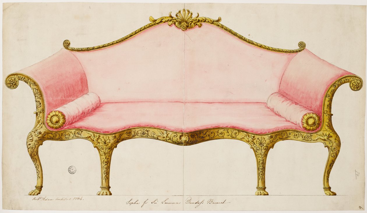 Elkészült rajz a szalon kanapéjához, kivitelben, 1764 (toll és tinta mosással papíron) alkotó: Robert Adam