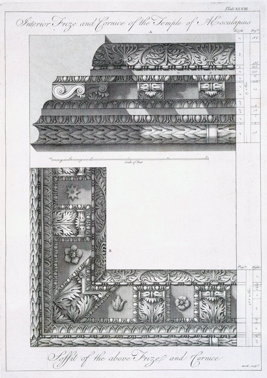 Az Aesculapius-templom belső fríze és párkánya, a "Diocletianus császár palotájának romjai a dalmátországi Spalatróban" című, 1764-ben megjelent kötetből. alkotó: Robert Adam