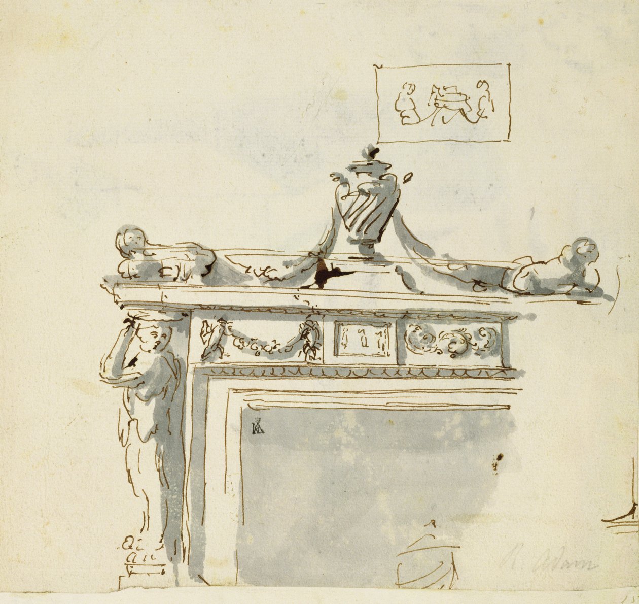 Vázlatos minta kandallóhoz (toll, tinta és mosás) alkotó: Robert Adam