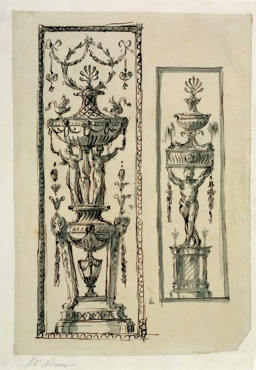 Vázlatok díszes panelekhez (toll és tinta és mosás) alkotó: Robert Adam