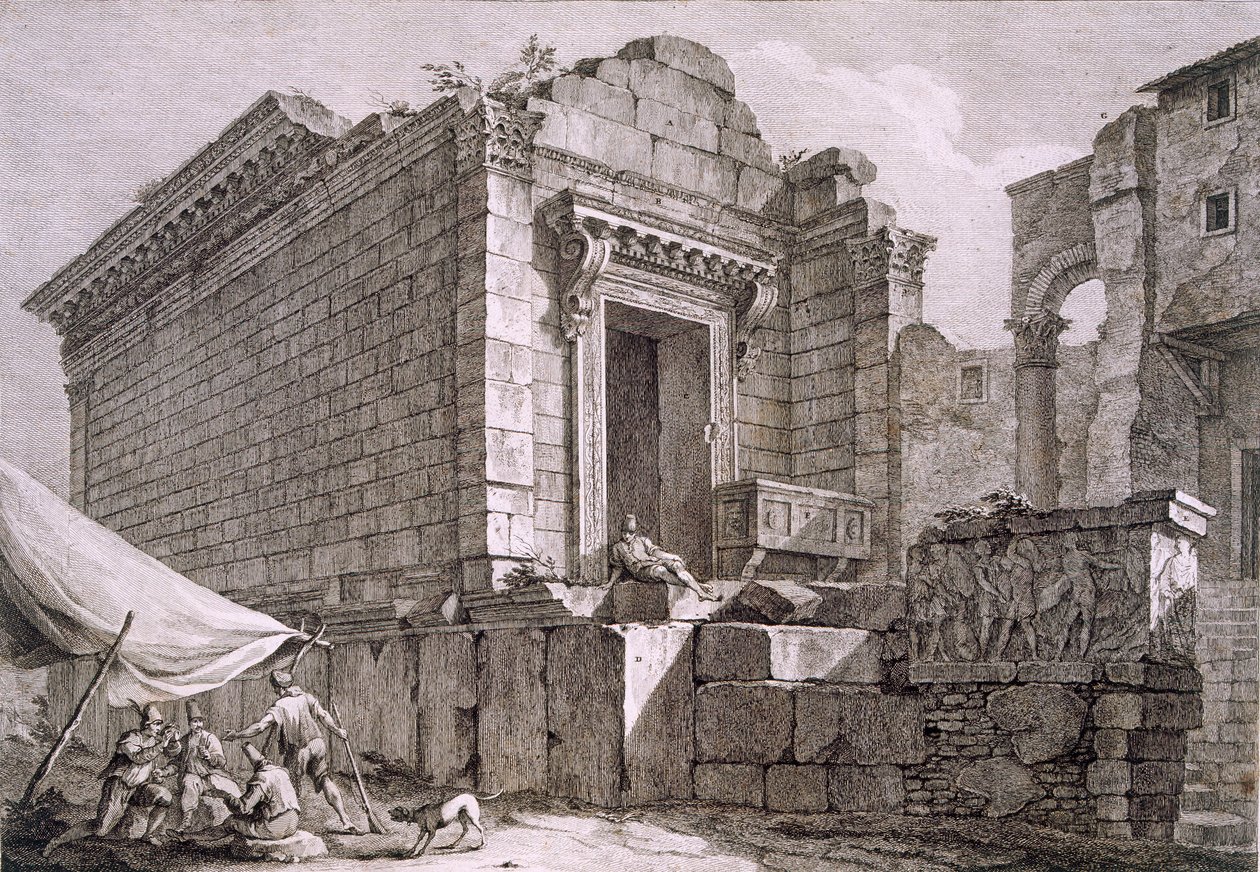 Az Aesculapius templom látképe, a "Diocletianus császár palotájának romjai a dalmáciai Spalatróban" című, 1764-ben kiadott képből. alkotó: Robert Adam