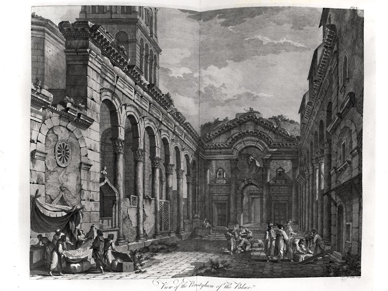 Diocletianus (245-313), 284-305 római császár, Splitben, a dalmát tengerparton lévő palotájának kilátása, P. Santini metszete, 1768 alkotó: Robert Adam