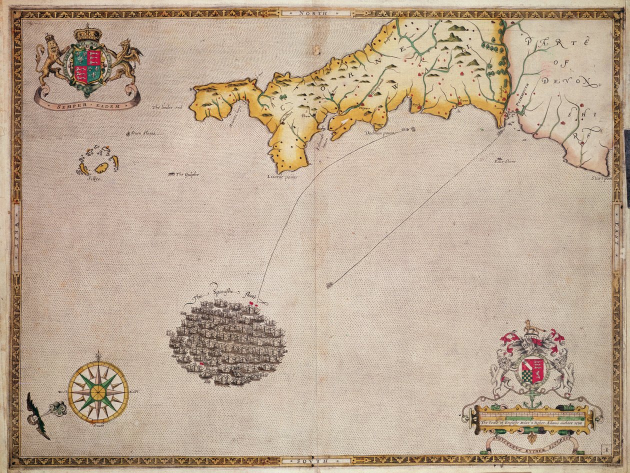 Az Armada flotta útvonalát bemutató 1. számú térkép, Augustine Ryther metszete, 1588. alkotó: Robert Adams