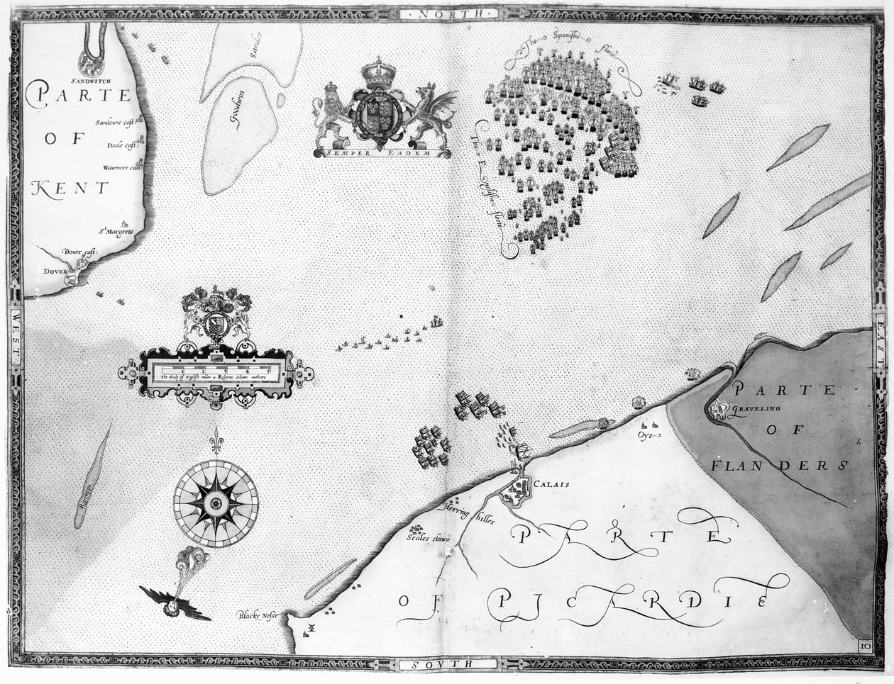10-es térkép, amely az Armada flotta útvonalát mutatja, Augustine Ryther vésette, 1588 alkotó: Robert Adams