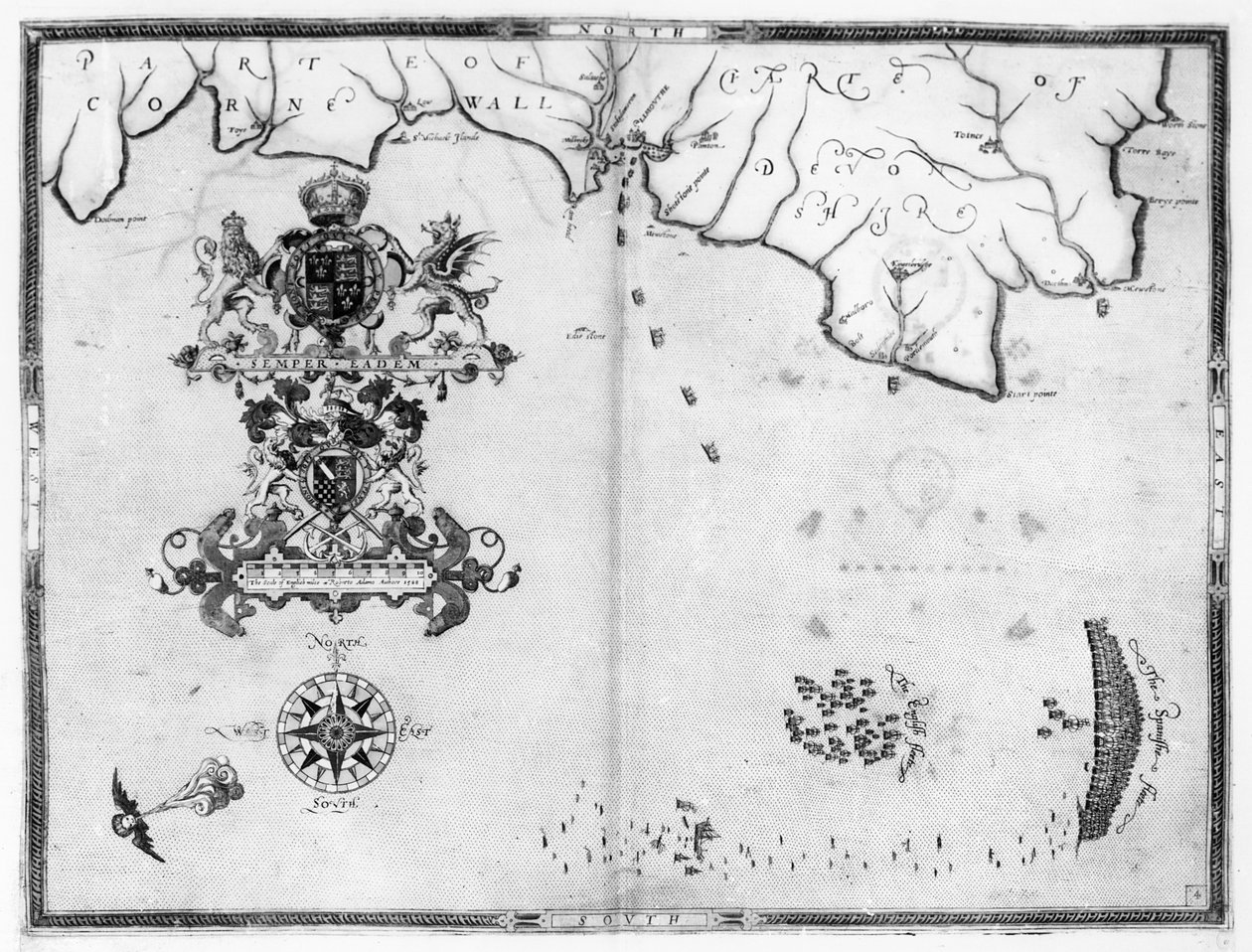 4. sz. térkép Az Armada flotta útvonalát mutatja, Augustine Ryther vésette; 1588 alkotó: Robert Adams