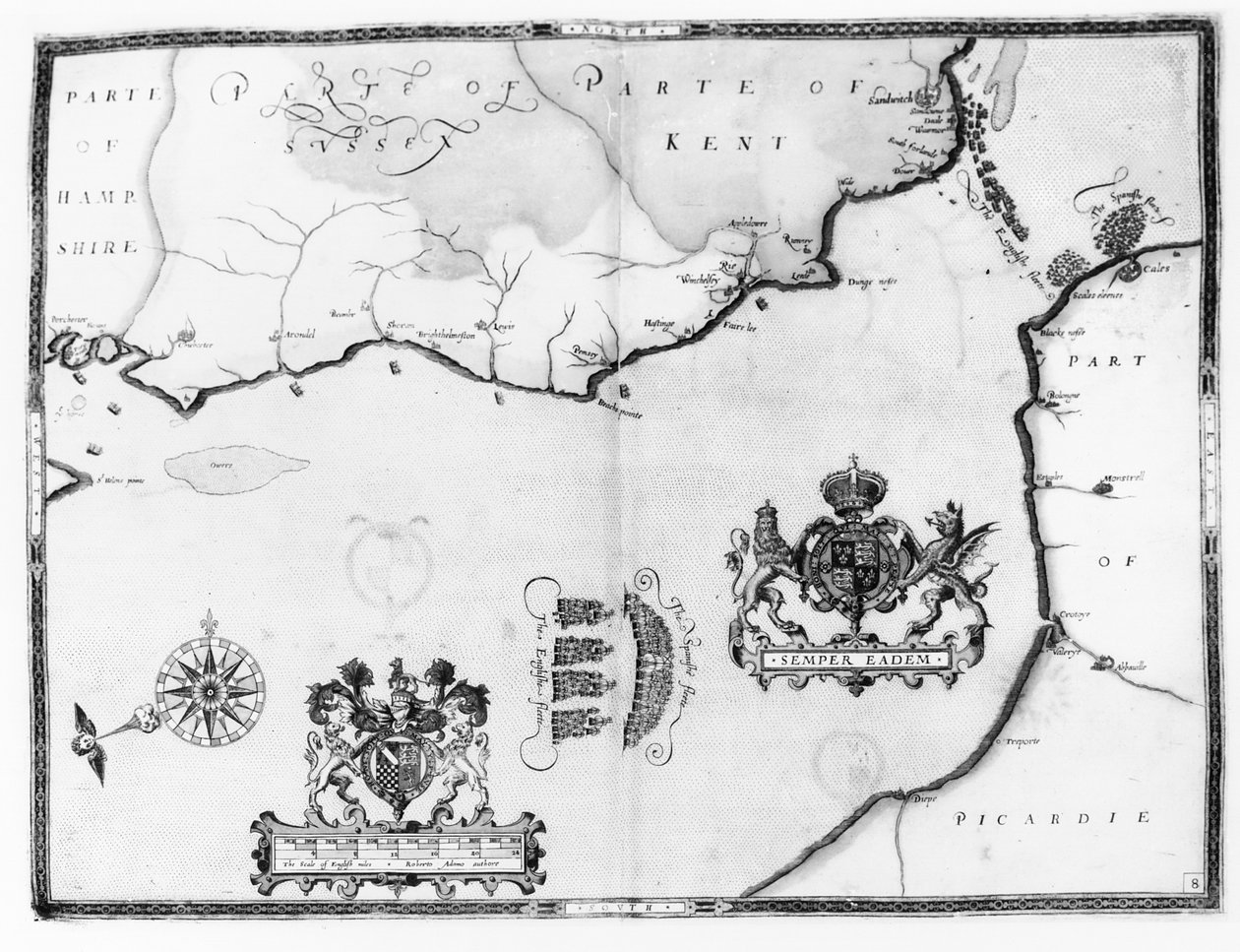 8-as térkép, amely az Armada flotta útvonalát mutatja, Augustine Ryther vésette, 1588 alkotó: Robert Adams