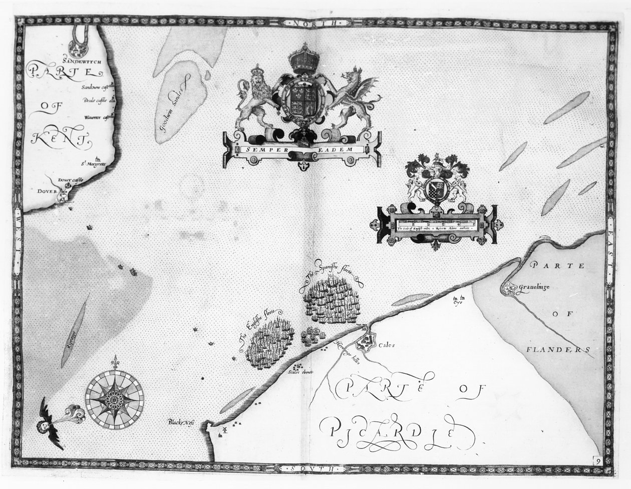 9-es térkép, amely az Armada flotta útvonalát mutatja, Augustine Ryther vésette, 1588 alkotó: Robert Adams