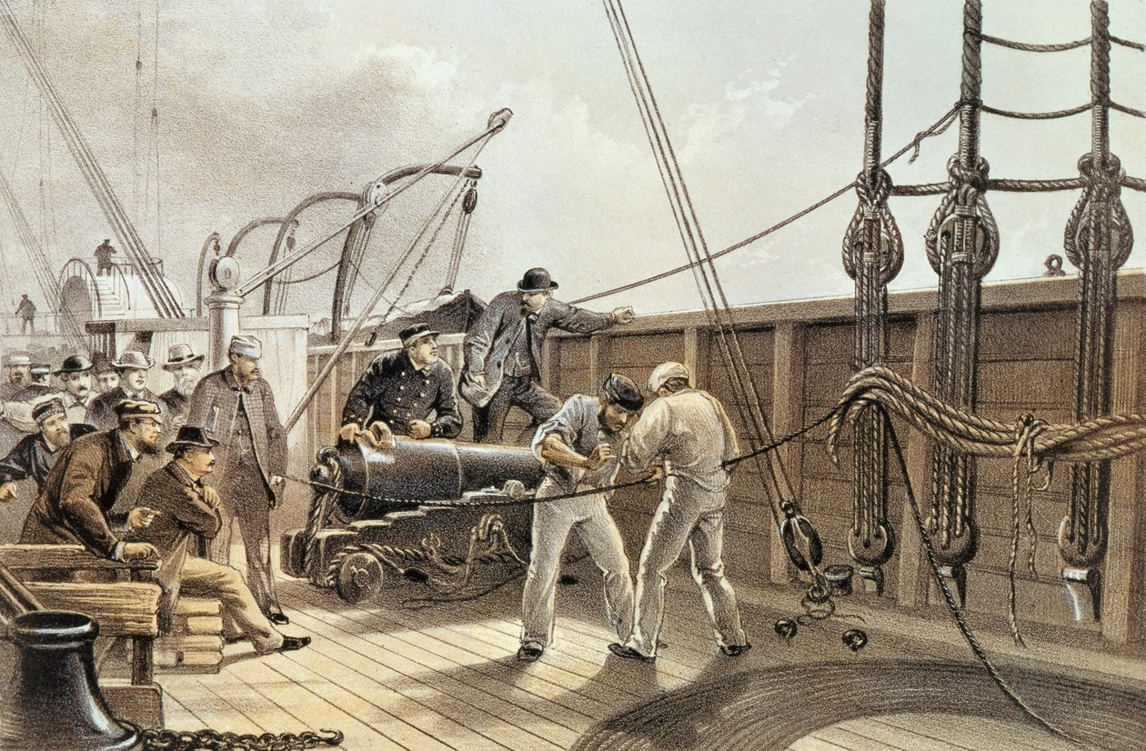 A transzatlanti távírókábel összeillesztése (az első baleset után) a „Great Eastern” fedélzetén, 1865. július 25., pub. írta: Lay and Son, 1868 körül alkotó: Robert Ambrose Dudley