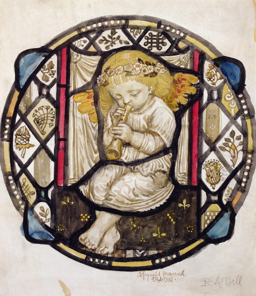 Ólomüveg design Putto fuvolázik alkotó: Robert Anning Bell