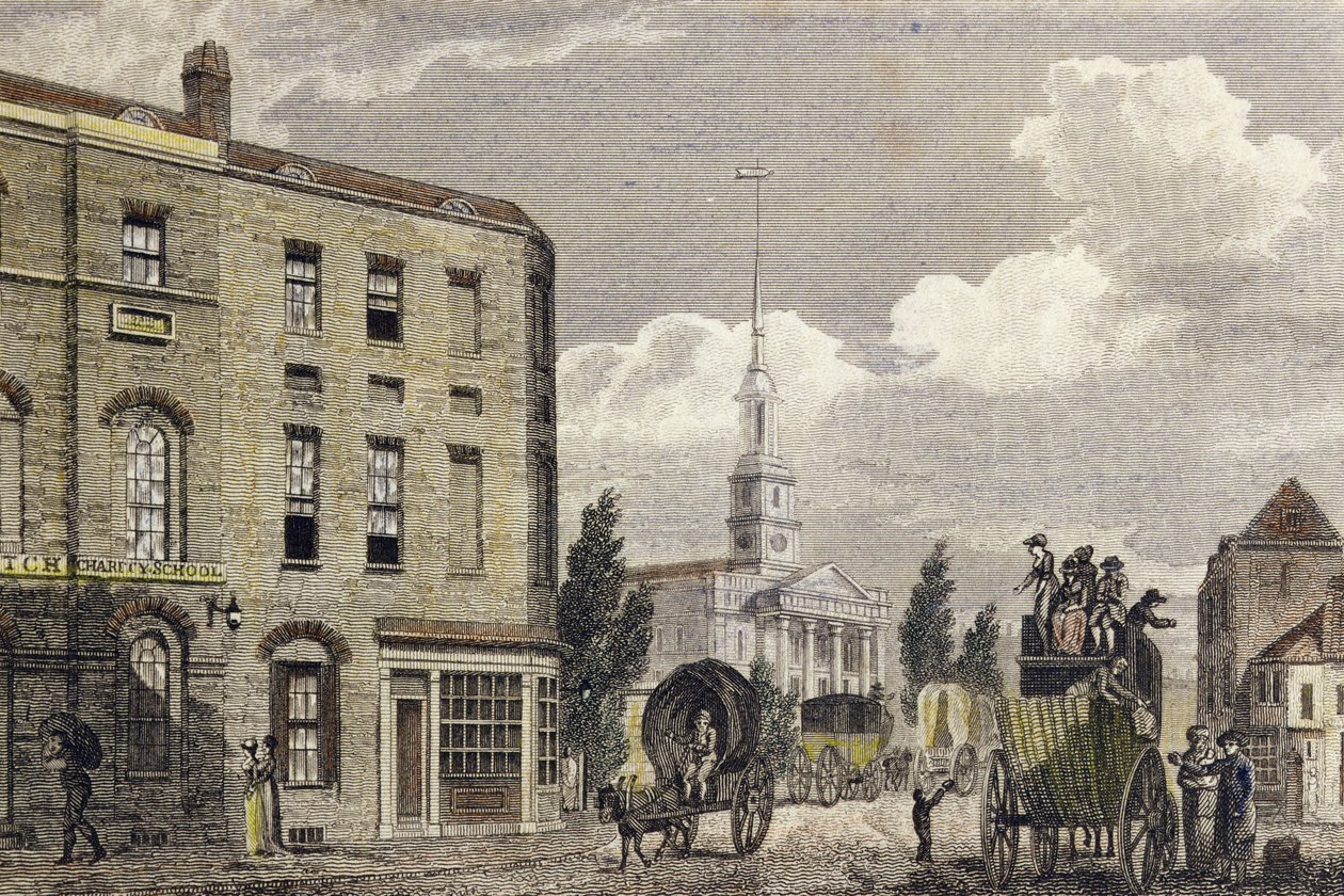 London bejárata a Shoreditch templomnál, 1810 (színes metszet) alkotó: Robert Blemell Schnebbelie