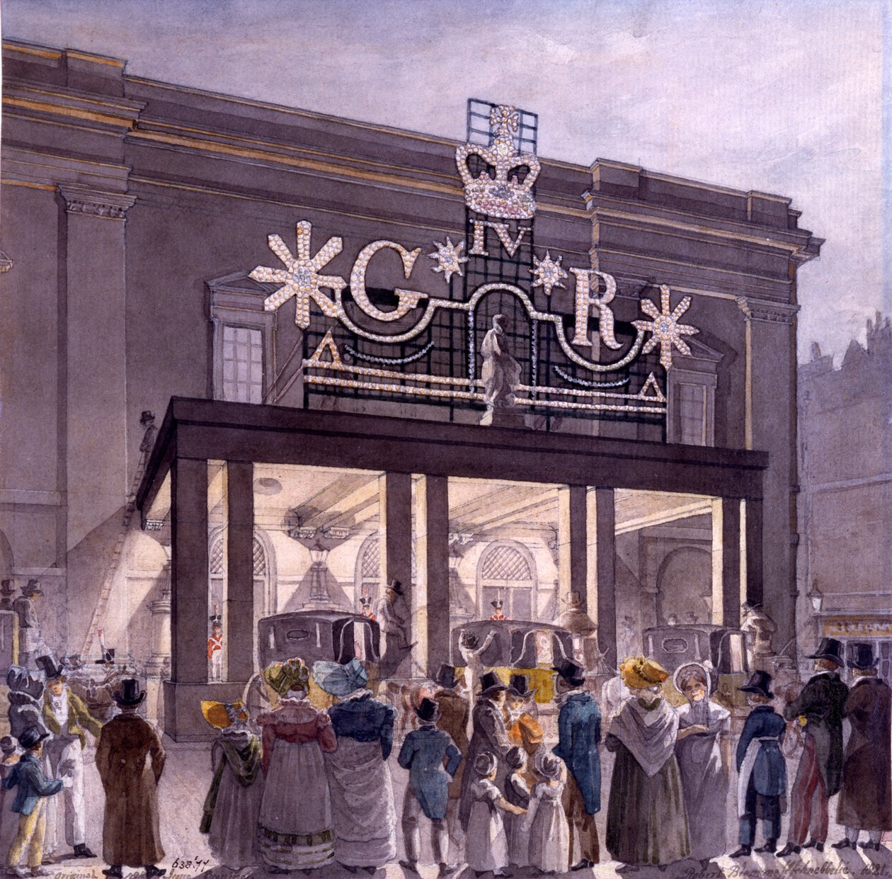 A Királyi Színházon kívül, Drury Lane, 1821 alkotó: Robert Blemell Schnebbelie