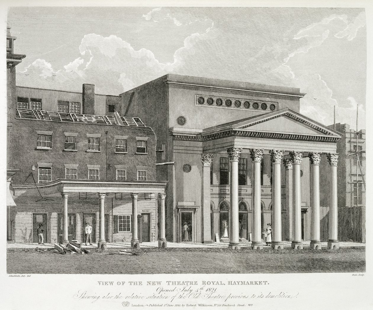 Kilátás a londoni Haymarket New Theatre Royal-ra, megnyitva 1821. július 4-én, a régi színház relatív helyzetét is mutatja a lebontása előtt, metszett Dale, 1822 alkotó: Robert Blemell after Schnebbelie