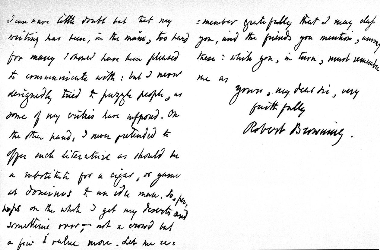 1868. november 27-én írt levél William G. Kingslandnek költészetének és írásának állítólagos homályáról, Warwick Crescent 19. szám alatt, Upper Westbourne Terrace, London alkotó: Robert Browning