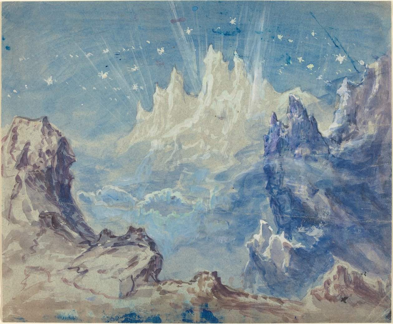 Fantasztikus hegyvidéki táj csillagos égbolttal (akvarell és gouache szürkéskék szőtt papíron) alkotó: Robert Caney