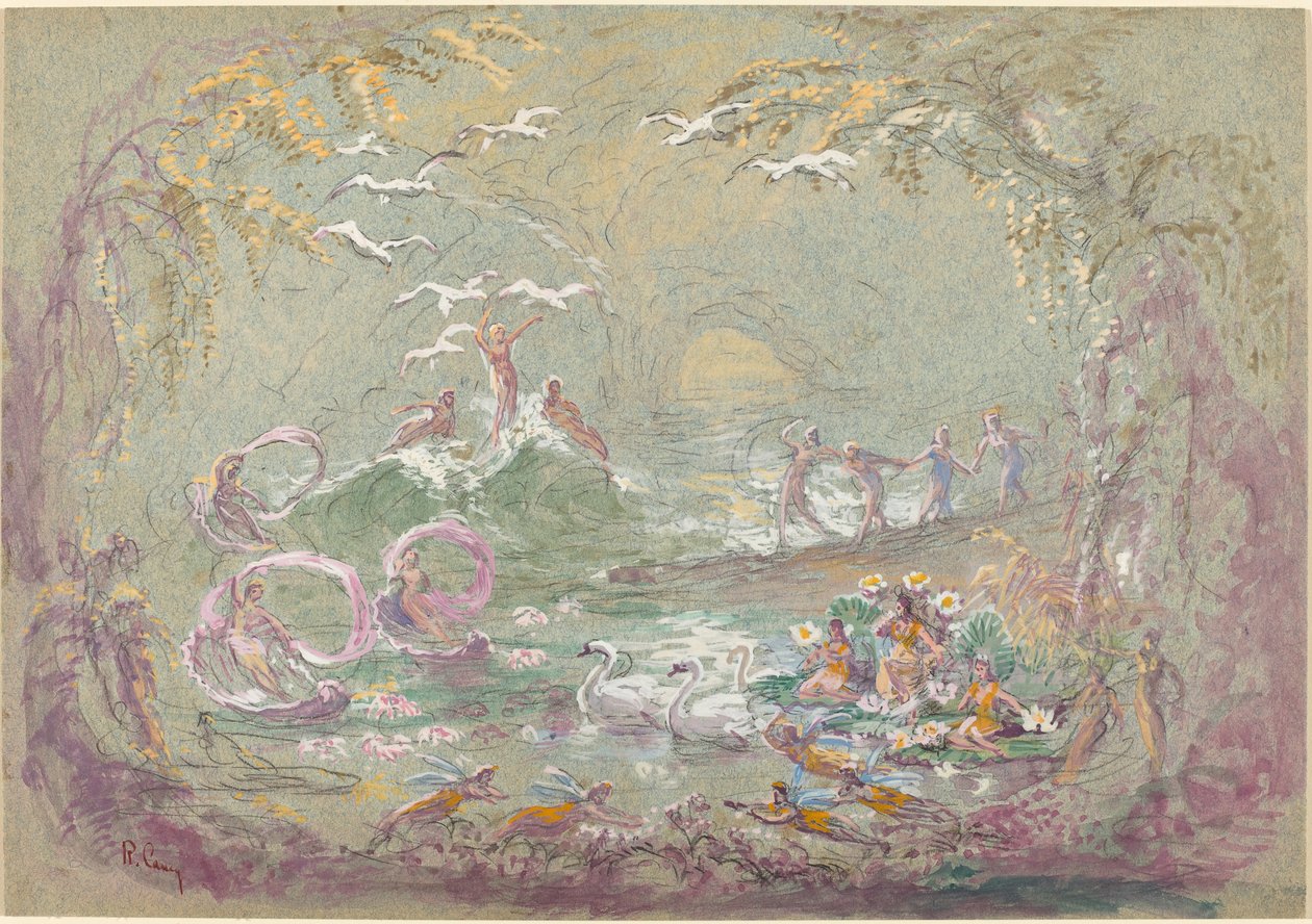Tavaszi jelenet tündérekkel és hattyúkkal (akvarell és gouache fekete krétára, kékeszöld kartonra) alkotó: Robert Caney