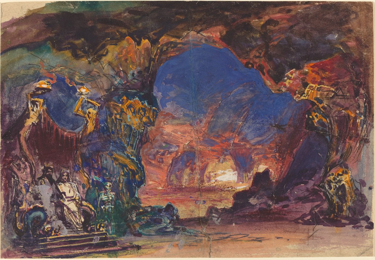Alvilági jelenet trónoló férfival és nővel és a halál állandó őrével (wc és gouache tollal és fekete tintával szőtt papíron) alkotó: Robert Caney