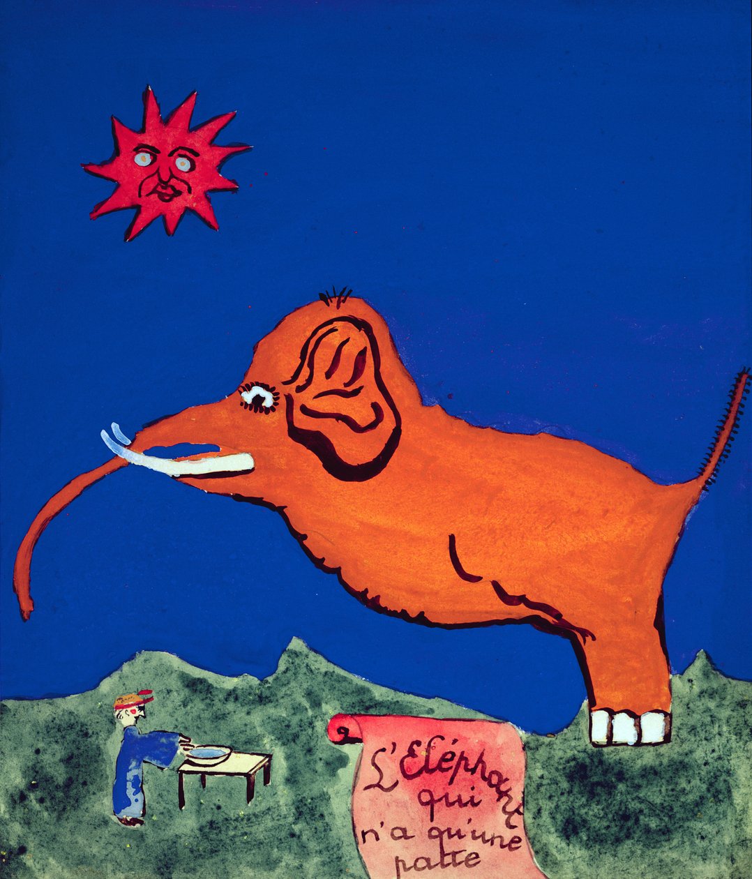 Az elefánt csak egy lábbal, illusztráció Robert Desnos La Menagerie de Tristan című, kézzel írt versgyűjteményéhez, 1932 alkotó: Robert Desnos