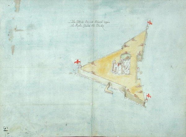 A Castell Perrott a veremnek nevezett sziklán, 1597-1601 körül (wc, ceruza, toll és tinta vászonnal alátámasztott papíron) alkotó: Robert Devereux