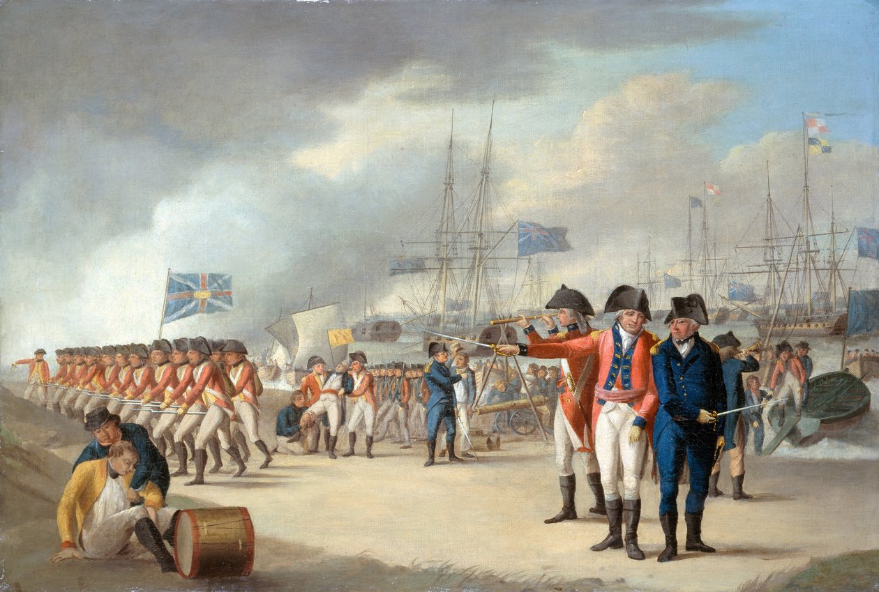 Brit csapatok partraszállása Sir Ralph Abercromby (1734-1801) vezetésével a hollandiai Texel szigetén, 1799. augusztus 27., 1799 körül. alkotó: Robert Dodd