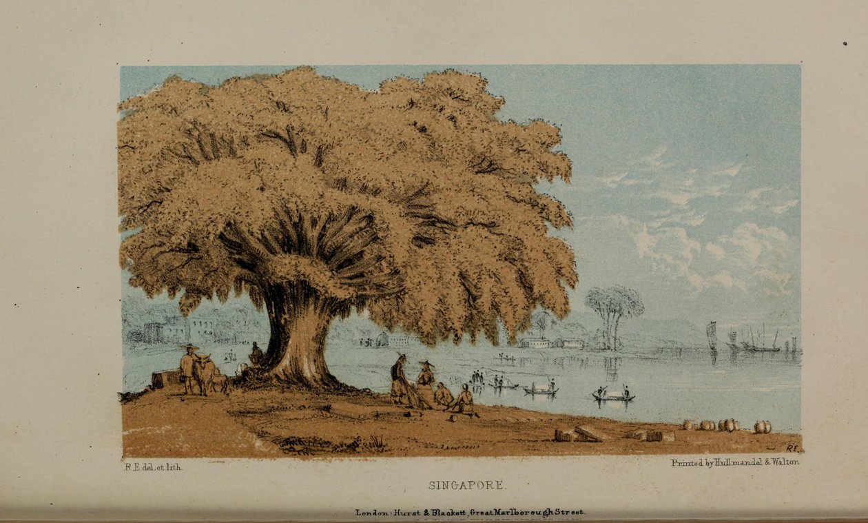 Szingapúr, akvarell festménye Robert Elwes (1819–1878), egy gazdag, fiatal norfolki brit úriember. alkotó: Robert Elwes